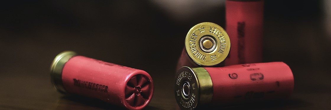 Blcak gun in a carrying case with copper coloured bullets with red tips